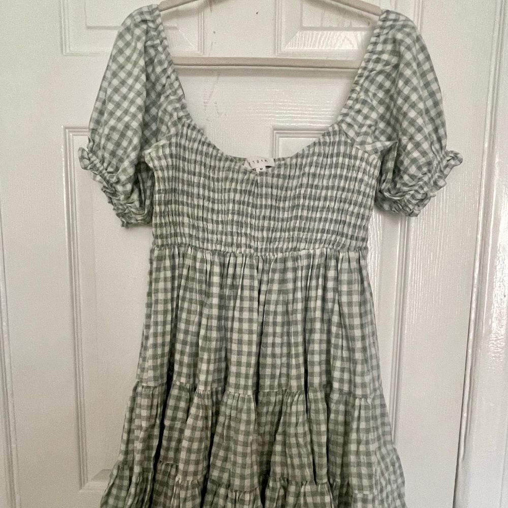 Green and white checkered babydoll dress